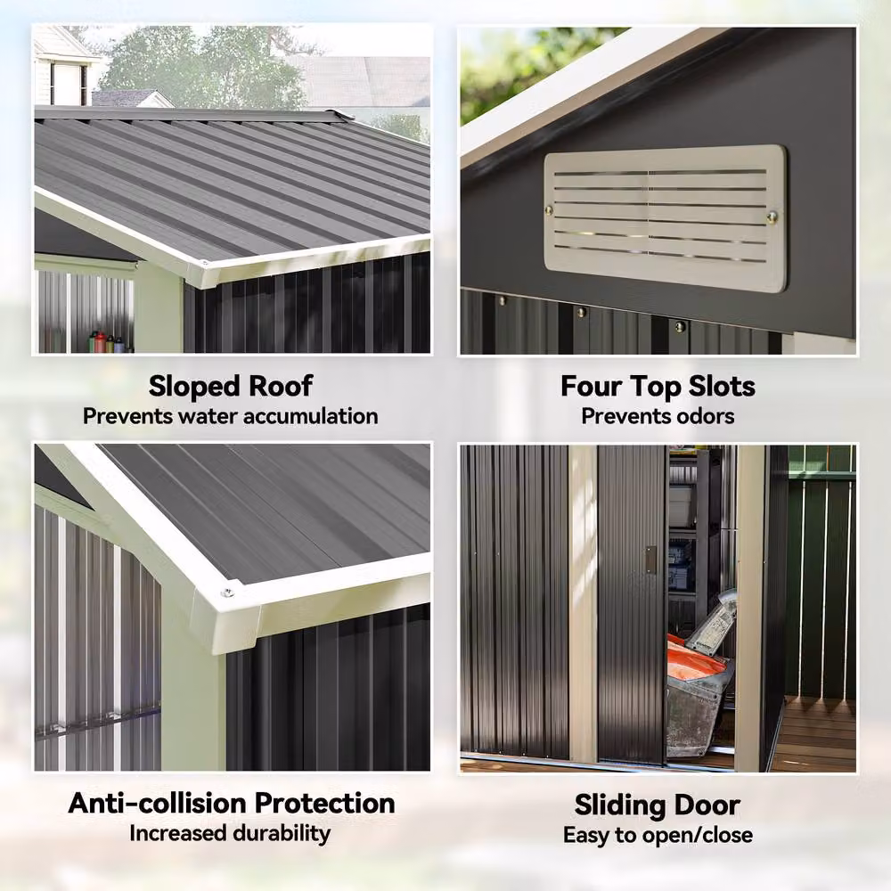 Rolipo Metal Garden Shed with Sliding Door and Foundation, Dark Grey, W: 152 cm, D: 132 cm, H: 188 cm – 5