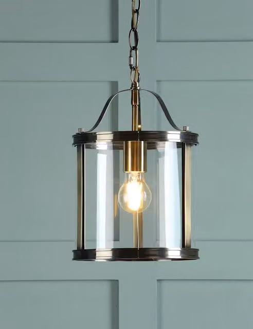 Laura Ashley Harrington Cylinder Pendant Light in Antique Brass and Transparent Glass