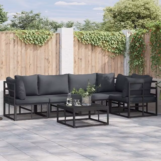 Berkfield Home 6-Piece L-Shape Garden Sofa Set in Black with Powder Coated Aluminium Frame, W/D/H: 70 x 70 x 32 cm – 1