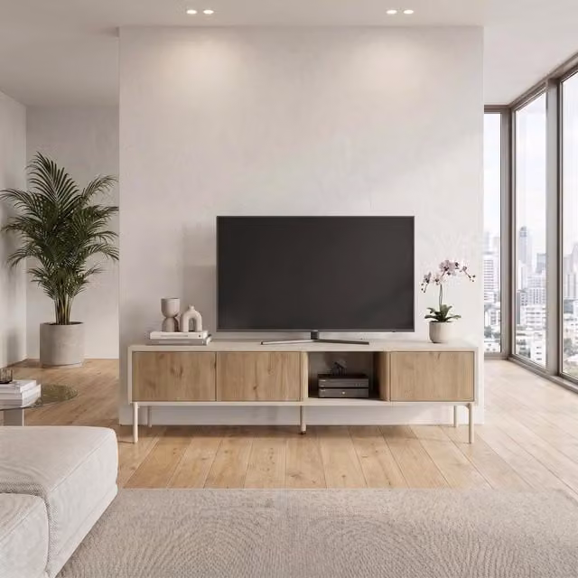 Decortie Ventro Three Door TV Unit in Brown Oak with Soft Close Drawers, W/D/H: 150 x 40 x 36 cm