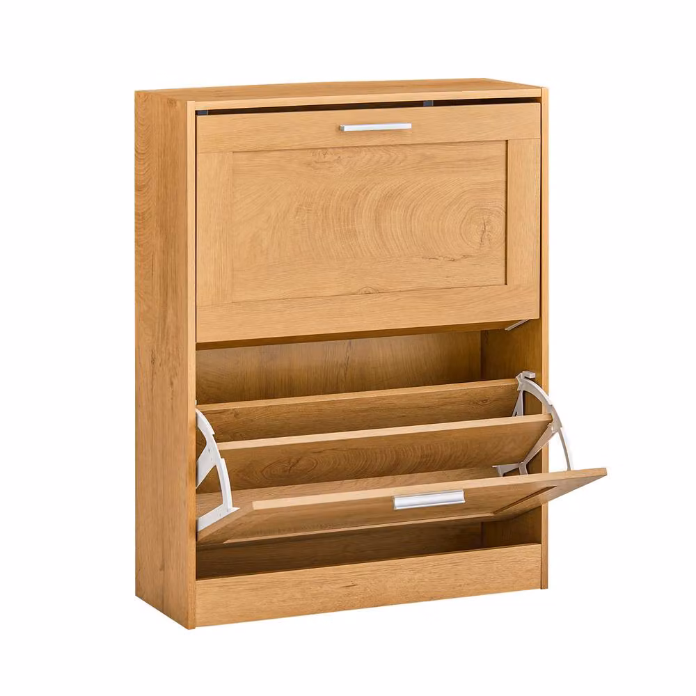 SoBuy Slim Modern Shoe Cabinet in Light Oak with Tilting Compartments and Internal Shelves – 2
