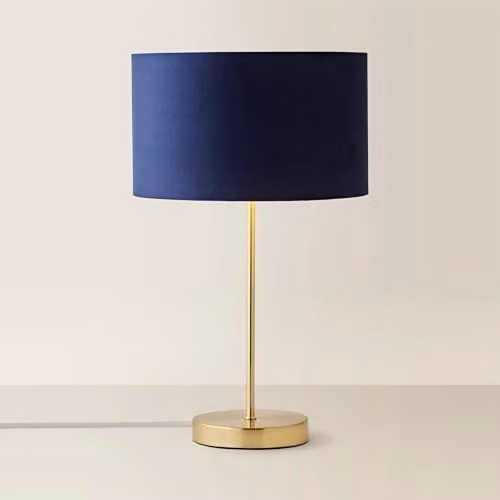ValueLights Charlie Gold Stem Table Lamp with Blue Velvet and Gold Inner Shade