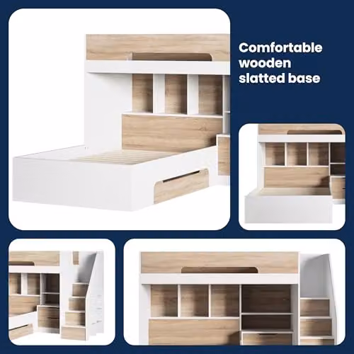Flair Furnishings Triple Bunk Bed for Kids with Storage Staircase and Integrated Shelves, White and Oak, H: 219.1 cm x W: 153.0 cm x D: 153.0 cm – 3
