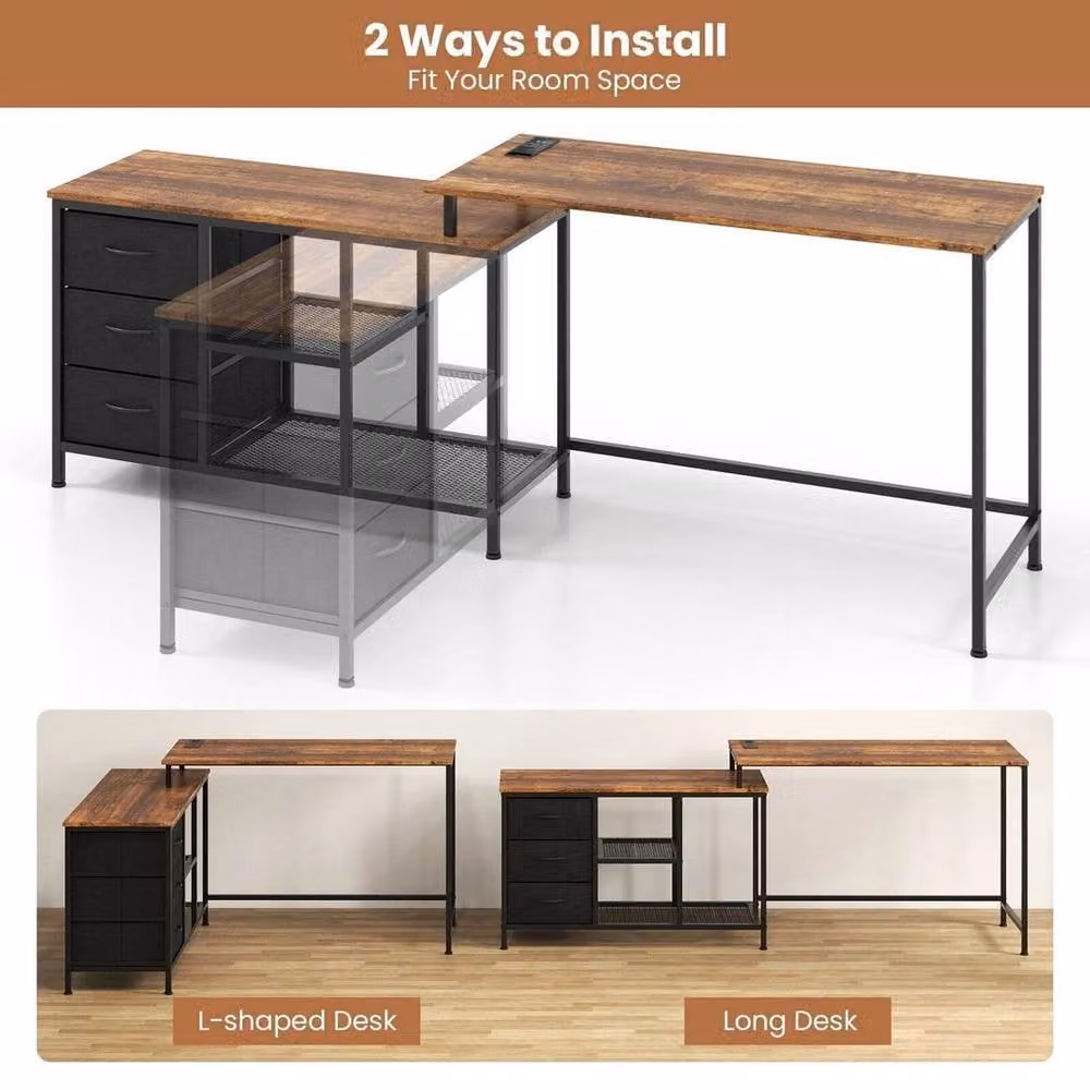 FORGEVIO L-Shaped Corner Computer Desk in Brown with Metal and Wood Finish – 4