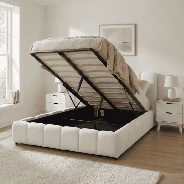 Home Source Bubble White Velvet End Lift Ottoman Storage Bed with Padded Headboard, W/D/H: 140 x 200 cm
