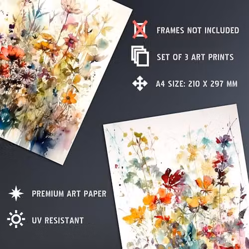 Artery8 Set of 3 A4 Wildflowers Watercolour Floral Artworks, Multicolour Unframed Paper Poster Prints – 3