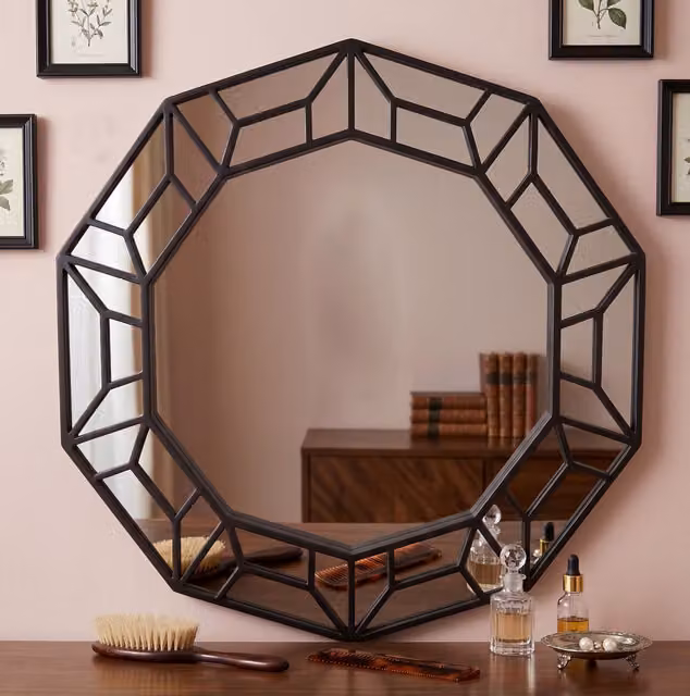 DEENZ Modern Geometric Decagonal Wall Mirror in Black and Gold, W: 61 cm, H: 57.8 cm, D: 2 cm