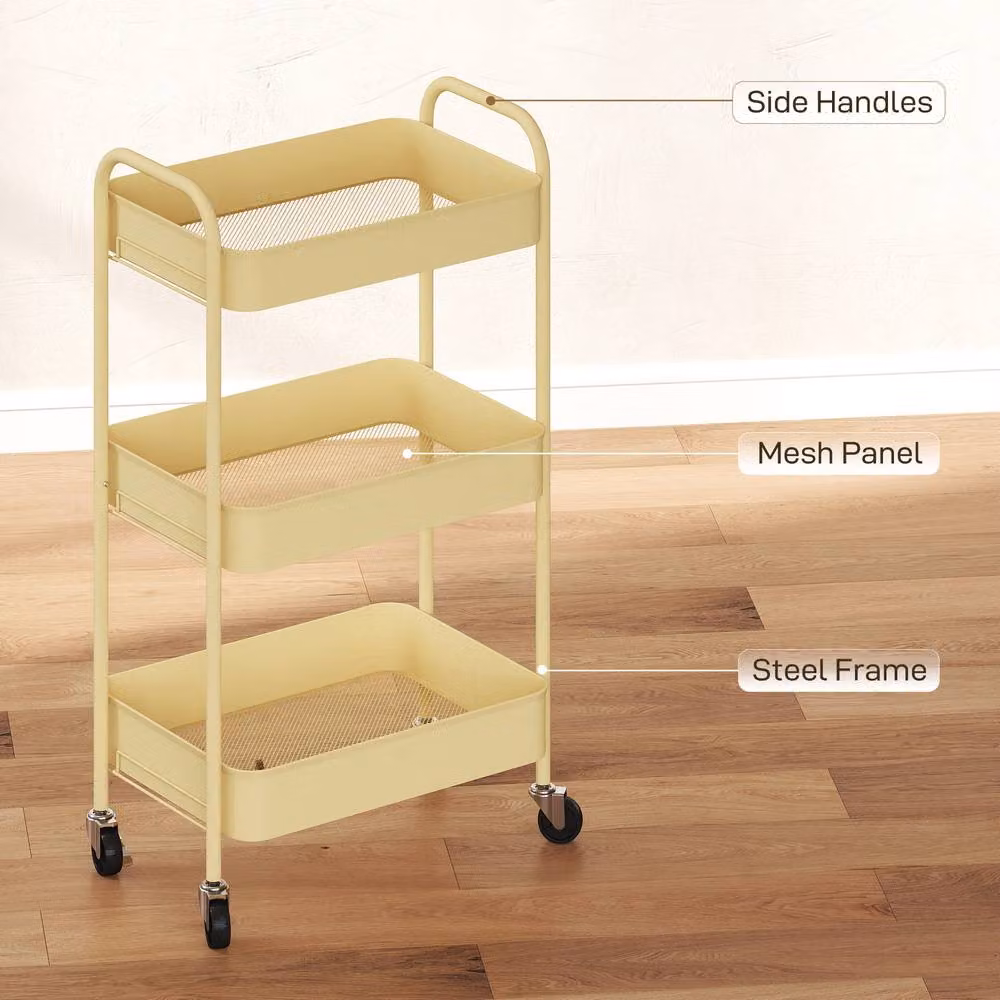 STILVORA Three-Tier Metal Storage Trolley with Wheels in Yellow – 3