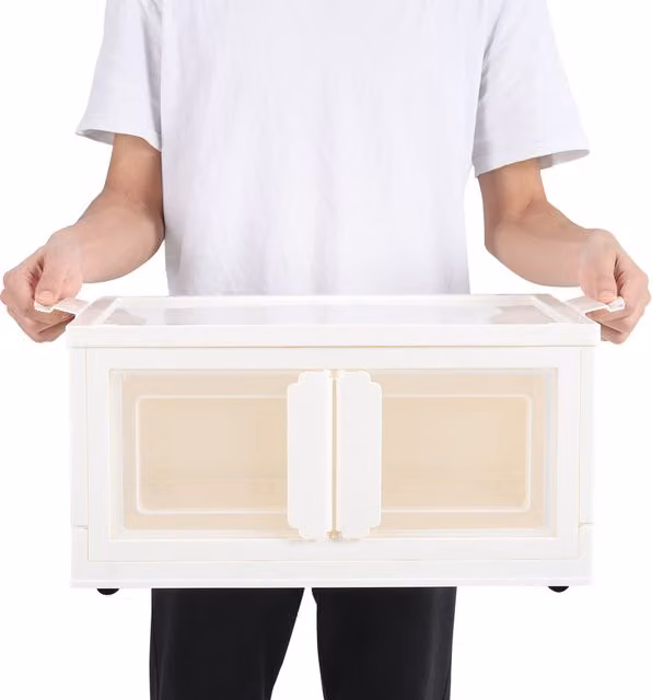 Kidkid Double-Door Collapsible Plastic Storage Box with Wheels, White