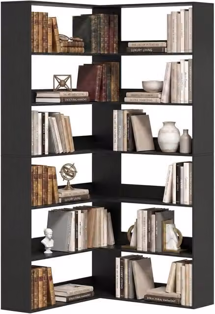 HOMCOM 7-Tier L-Shaped Corner Bookshelf in Black Wood Effect, W/D/H: 90 x 90 x 180 cm – 1
