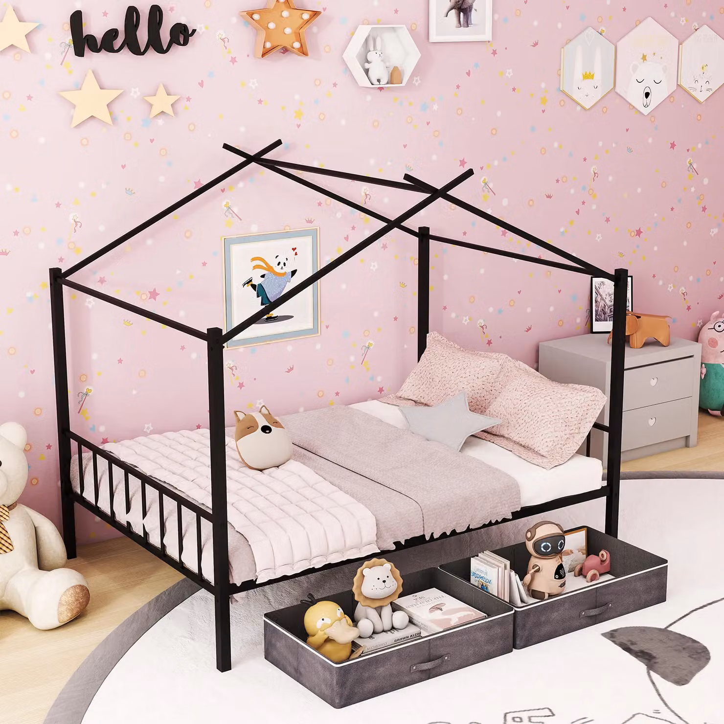 Costway Double Size House Bed with 2 Drawers, Heavy-Duty Metal Platform Bed in Black, W/D/H: 140 x 200 cm – 3