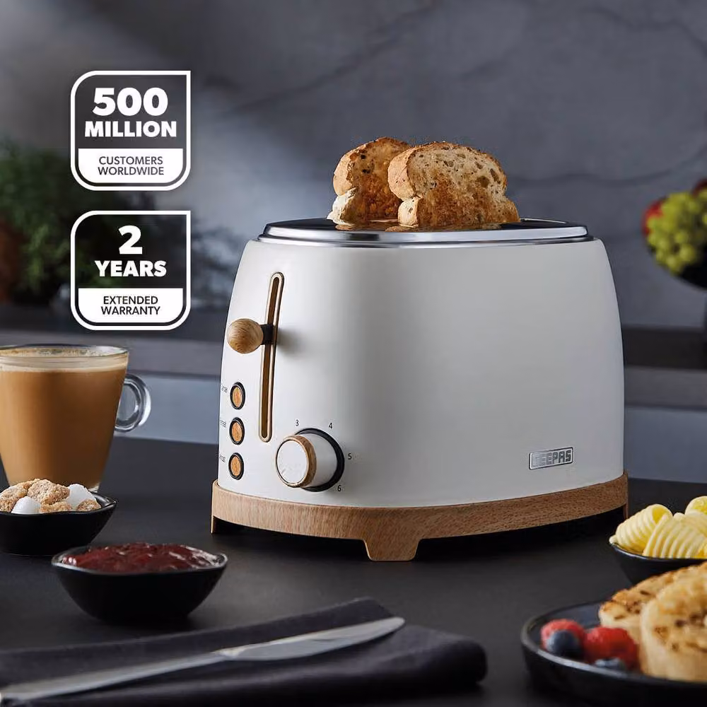 Geepas NordiQ Design 2 Slice Toaster with 6 Browning Levels and Wood Effect Finish in Beige and White – 2