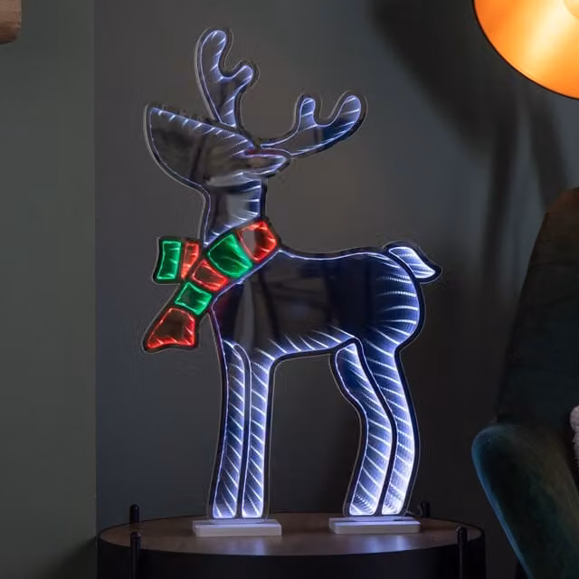 Samuel Alexander Light Up Standing Reindeer with Scarf Christmas Infinity Decoration in Red, Green and White, Height: 60 cm
