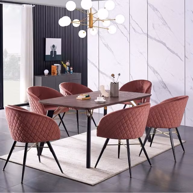 Life Interiors Vittorio Toga LUX 7 Piece Dining Set with Rectangular Table and 6 Chairs in Pink, Black and Gold