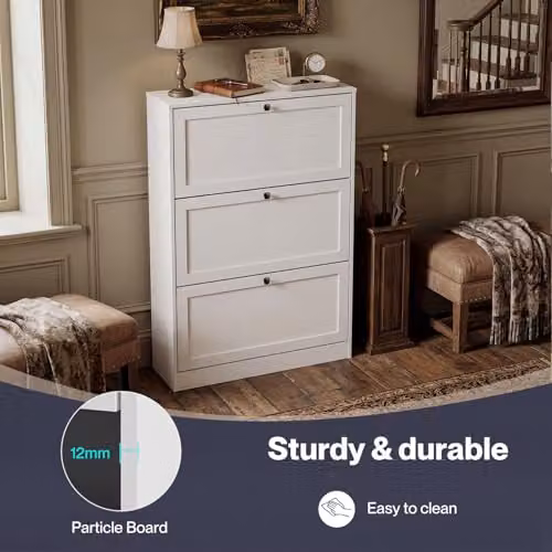 Levede Modern White Slim Shoe Cabinet with Tilting Compartments and Internal Shelves, H 117 x W 80 x D 24 cm – 5