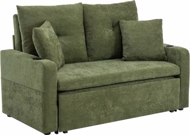Livingandhome 2-Seater Green Microfibre Upholstered Sofa Bed with Scatter Cushions and Cup Holders