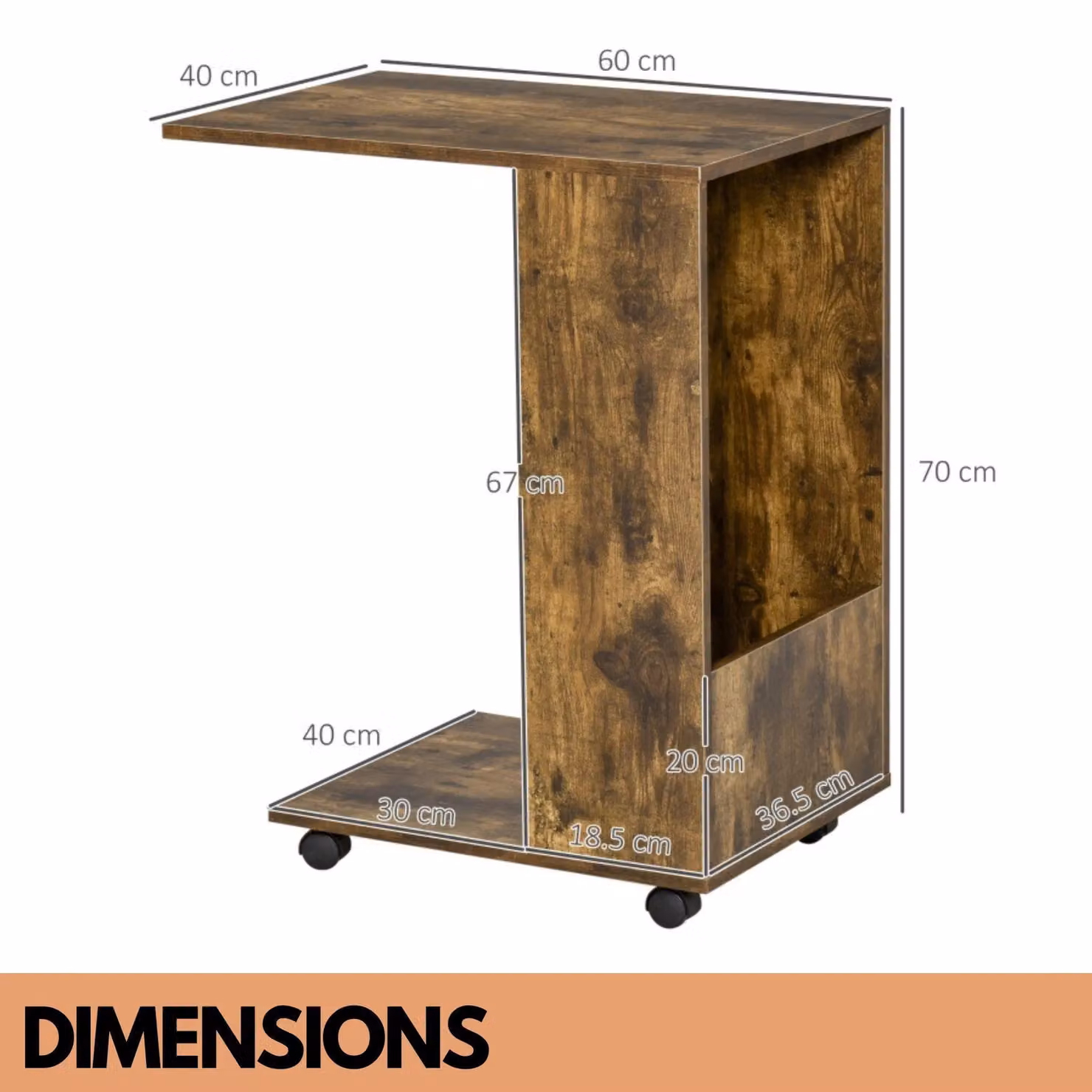 Pirlo Plush Industrial C Shaped Side Table with Storage and Castors, Brown, W/D/H: 60 x 40 x 70 cm – 2