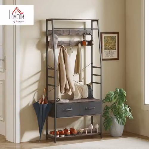 HOMCOM Industrial Hall Tree with Bench and 10 Hooks in Grey – 2