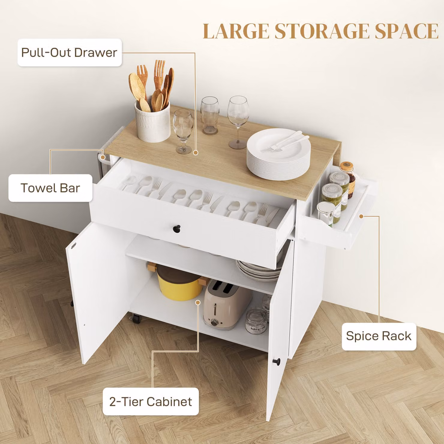 HOMCOM Rolling Kitchen Island with Drop Leaf, Storage Cart with Drawer, Spice Rack and Towel Rack, White – 2