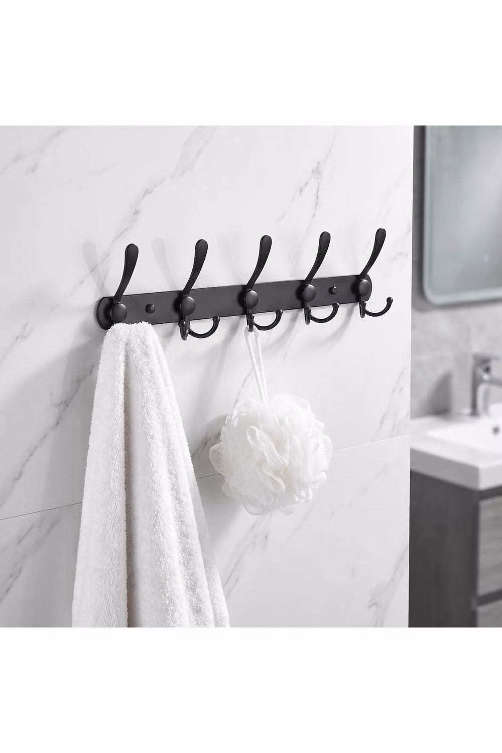 Living and Home Wall-Mounted Stainless Steel Coat Rack with 5 Tri Hooks in Black – 2