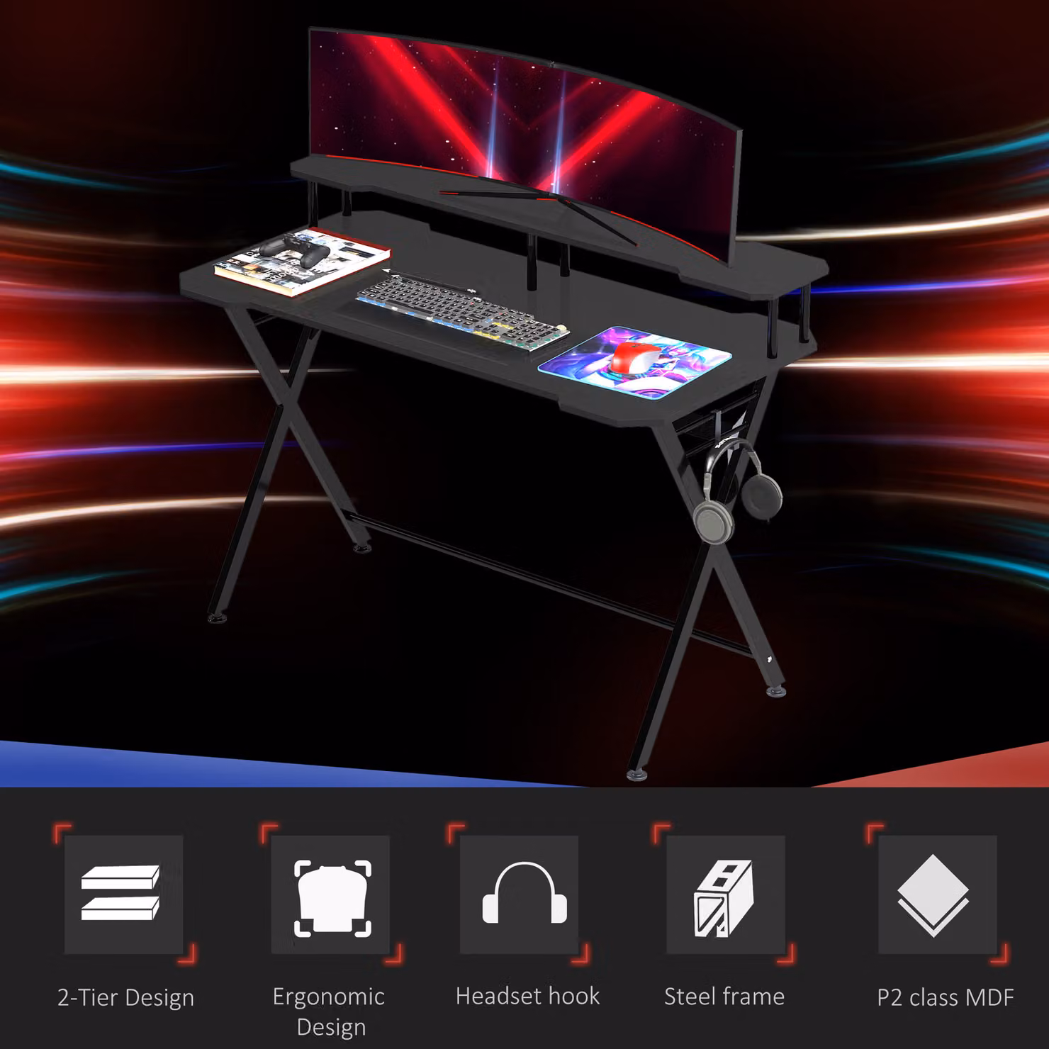 HOMCOM Black Gaming Computer Desk with Curved Front and Headphone Hook for Home Office Use – 4