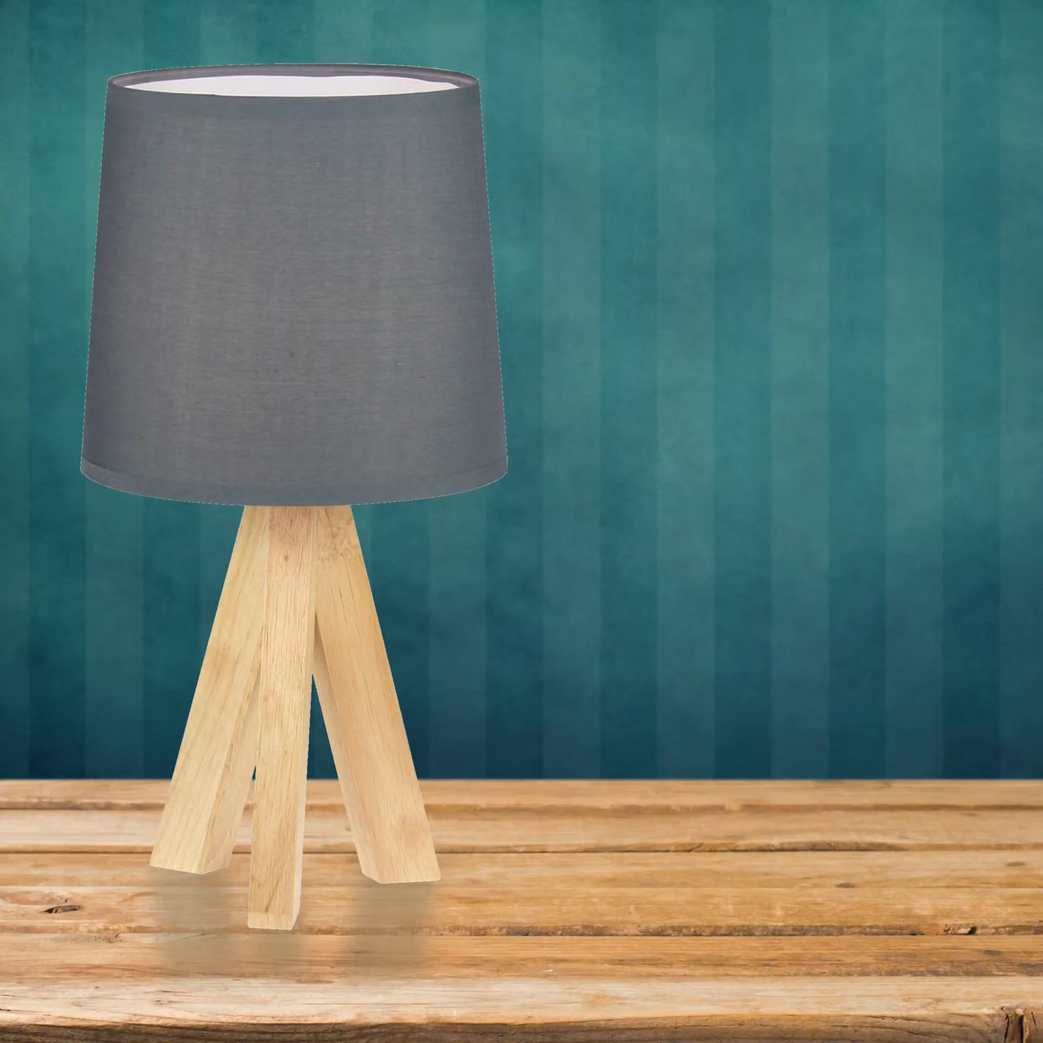 First Choice Lighting Hubert Set of 2 Natural Wood and Grey Fabric Tripod Lamps – 3