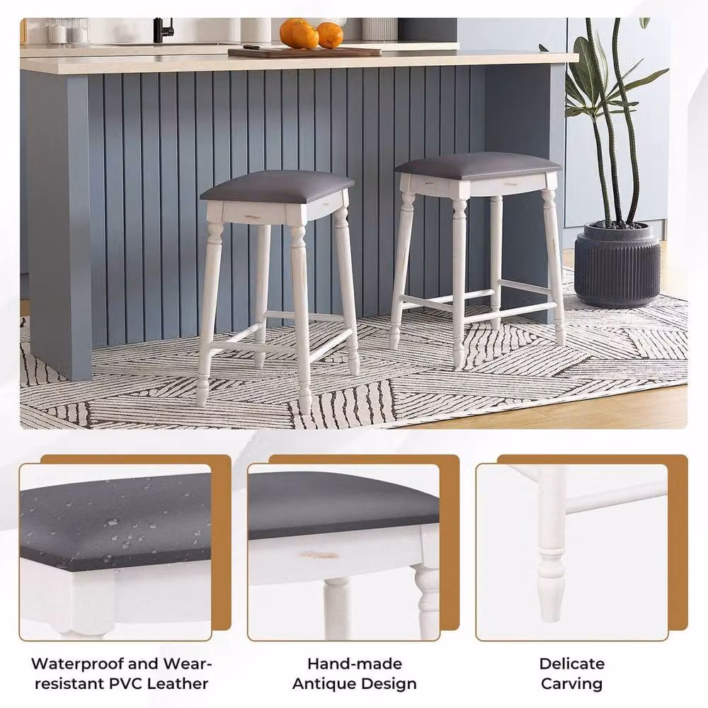 KORVIXA Set of 2 Grey Upholstered Counter Height Bar Stools with Rubberwood Frames – 3