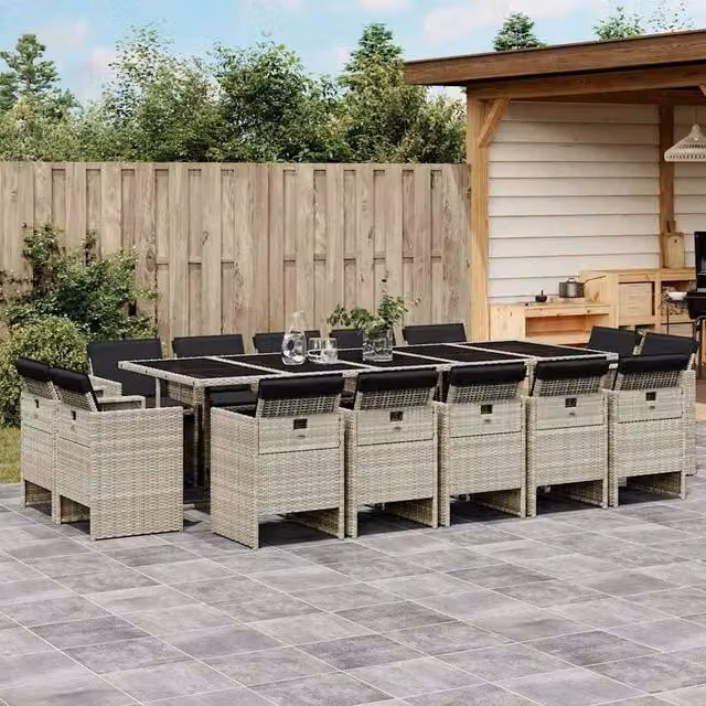 Berkfield Home 15 Piece Grey Poly Rattan Garden Dining Set with Cushions and Glass Tabletop – 1